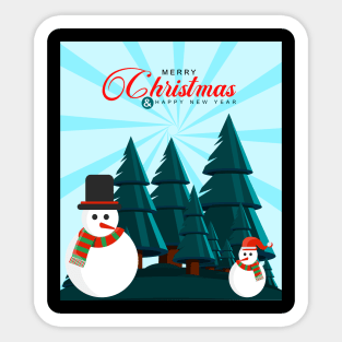 Merry Christmas and New Year greetings with snowman and pine tree with snow Sticker